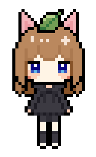 a pixel depiction of me, a white person with long brown hair and blue eyes, depicted with cat ears